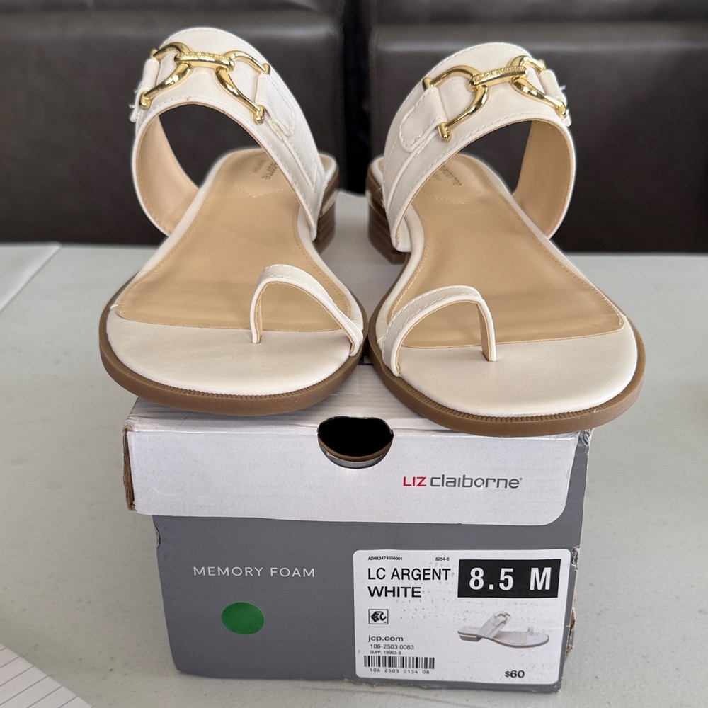 Liz Claiborne White Sandals with Gold Chain Detail